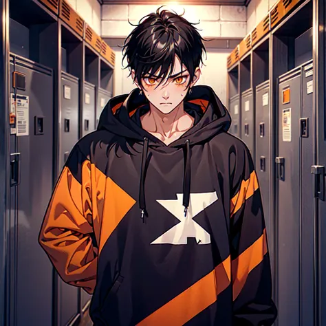 Spiky black hair、Hanging eyes、Orange Eyes、One person、Outerwear is a black hoodie、Sporty clothing pattern、Inner T-shirt、Jersey、The background is the locker room、Hitai ni sweat、Blushing, grit one&#39;s teeth、Frowning、His abs are showing through his clothes、A...