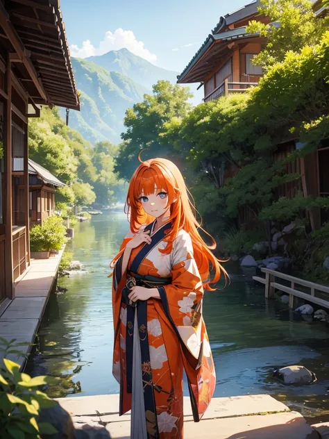 nilou from genshin impact game, 1girl, wearing a long japanese kimono, at a village , orange colour hair, 8k, high detailed, hig...