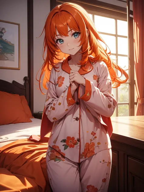 nilou from genshin impact game, 1girl, wearing a cute pajamas, at morning bed, orange colour hair, 8k, high detailed, high quali...