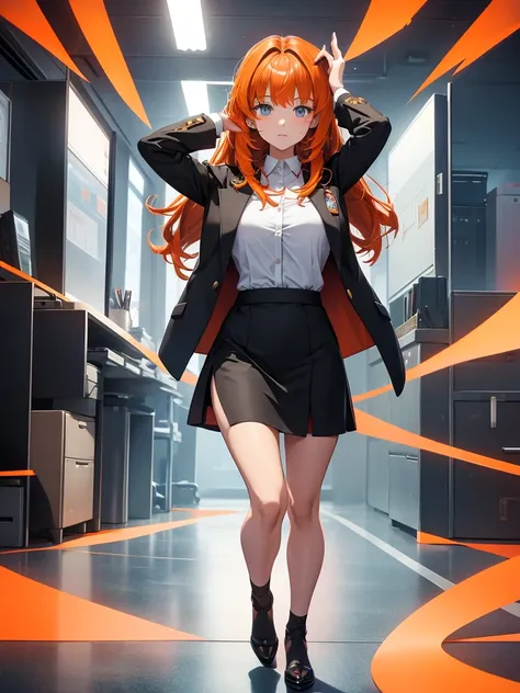 nilou from genshin impact game, 1girl, wearing a office outfit, black tight skirt, at an office , orange colour hair, 8k, high d...