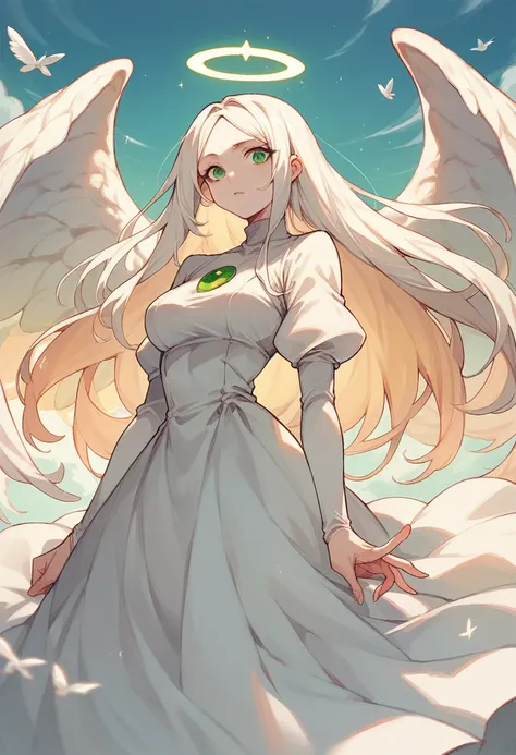 Angel Pale skin, green eyes, white long hair, fly in sky, huge tits, dress chiton