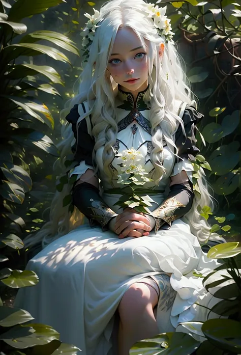 (masterpiece, best quality),1girl with long white hair sitting in a field of green plants and flowers, her hand under her chin, warm lighting, white dress, blurry foreground