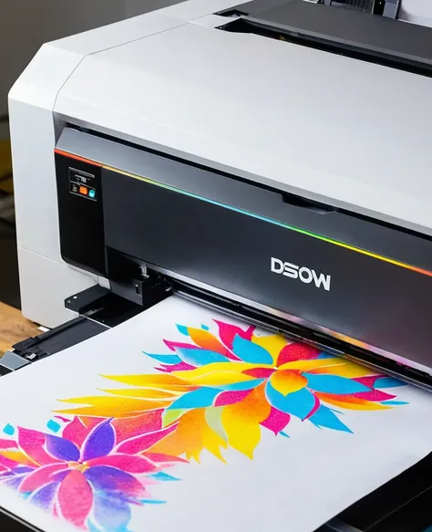  Closeup of a DTF printer printing a colorful design on transfer paper. Continue transferring the design to a white t-shirt using a heat press. Show process details, highlight the accuracy and quality of colors.