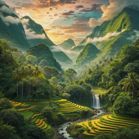 Lush, green mountain landscape. The mountain is covered in a thick, verdant forest, with a cascading waterfall in the foreground ,river. The towering trees are adorned with vibrant leaves.There are a vibrant yellow terrace paddy field layers arranged in a ...