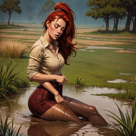 Comic style, solo girl, 1girl, Drowned in quicksand, swamp, bog, grass, tree, wearing unbuttoned flannel shirt, orgasm, looking up, eyes closed, from side, blush, muddy, messy, dirty, overcast weather, rain, Cowboy Shot, red hair, Ponytail, 