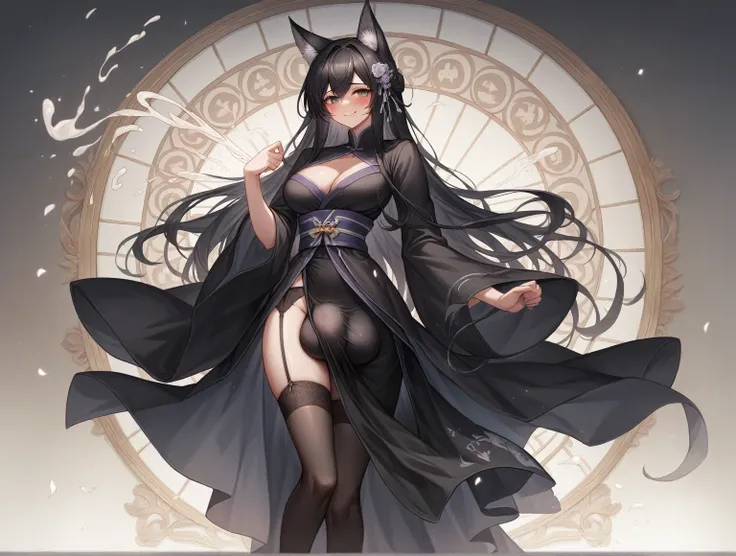 (extremely detailed CG unity 4k wallpaper),(masterpiece),(best quality),(ultra-detailed),(best illustration),(best shadow),(absurdres),(detailed background), black kimono, big bulge futanari, cumming under cloth, Detailed face, Detailed hair, Japanese, shy...