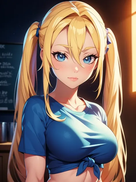 1girl, solo, portrait of a woman with blonde hair, long flowing pigtails, wearing a blue shirt, wearing a t-shirt, shirt tied in a shirt knot, exposed navel, anime illustration, anime girls, vivid colors, detailed facial features, dramatic lighting, digita...