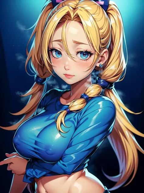 1girl, solo, portrait of a woman with blonde hair, long flowing pigtails, wearing a blue shirt, wearing a t-shirt, shirt tied in a shirt knot, exposed navel, anime illustration, anime girls, vivid colors, detailed facial features, dramatic lighting, digita...