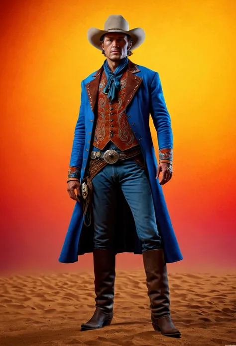 Western Cowboy, full body, by Lengmei and Vladyslav Yerko, cinematic still, (best quality, masterpiece), very aesthetic, perfect composition, intricate details, ultra-detailed, vivid colors