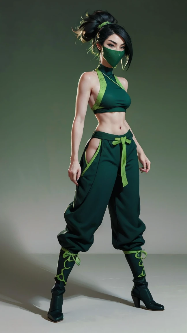 Highly detailed, High Quality, Masterpiece, beautiful, 1girl, Akali, green ninja pants, green mask, black ninja boots, green top with avarage breasts, full body,