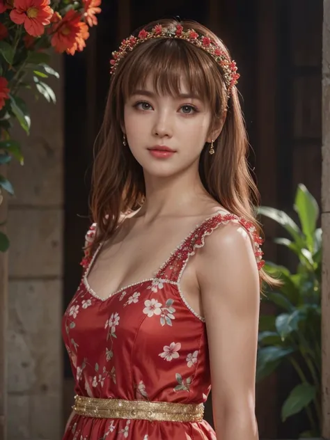 Kasumi, brown eyes, (best quality, ultra-detailed), (realistic:1.37), beautiful and detailed face, ultra-realistic texture, delicate face, delicate body, red lipstick, bright colors. High definition, 8K. expression with a slight sweet smile