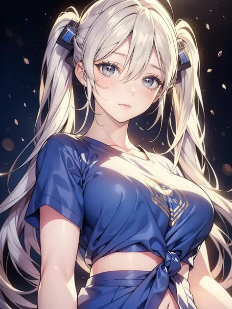 1girl, solo, portrait of a woman with blonde hair, long flowing pigtails, wearing a blue shirt, wearing a t-shirt, shirt tied in a shirt knot, exposed navel, anime illustration, anime girls, vivid colors, detailed facial features, dramatic lighting, digita...