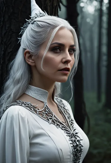 13:25:39 
a beautiful woman, 30 years old, caucasian, grey eyes, white hair, witch, profile portrait, white clothing with bone details, sharp bones around, dark forest background, (best quality,4k,8k,highres,masterpiece:1.2),ultra-detailed,(realistic,photo...