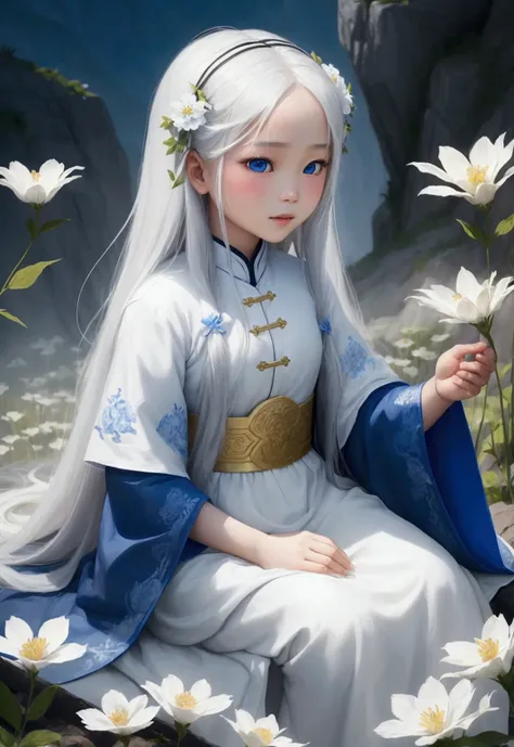 In the style of tiên hiệp, the background is a sect on top of a mountain. A 10-year-old girl named Liên, beautiful, with fair skin, long white hair, dressed in white, and blue eyes, is playing joyfully among the flowers