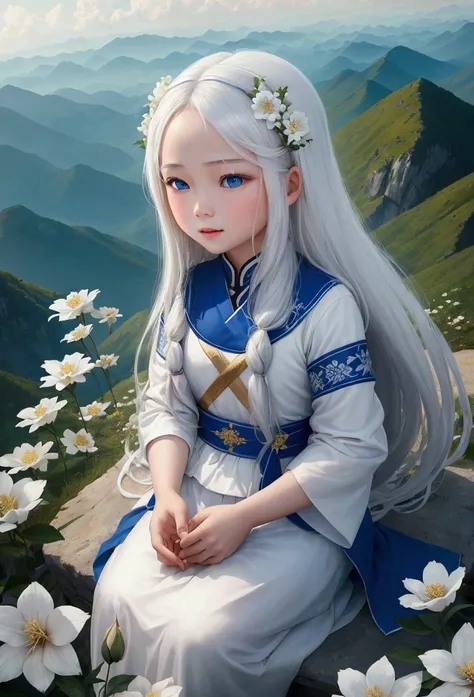 In the style of tiên hiệp, the background is a sect on top of a mountain. A 10-year-old girl named Liên, beautiful, with fair skin, long white hair, dressed in white, and blue eyes, is playing joyfully among the flowers