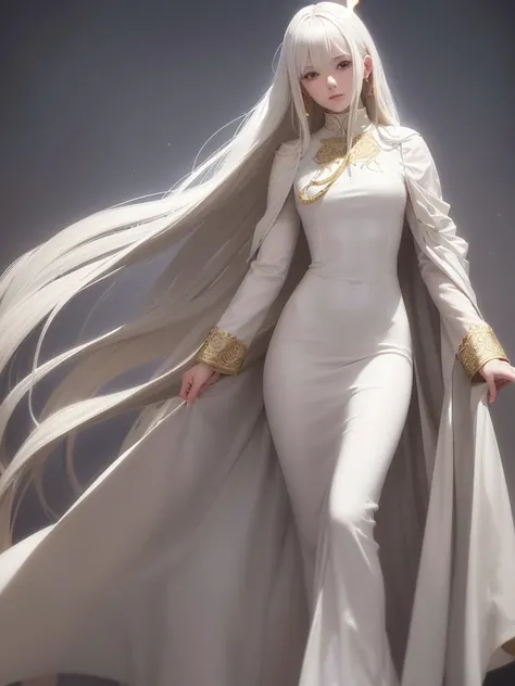 a slender, attractive, beautiful albino angel woman, golden halo, with wavy white hair, light gray eyes, wearing a tunic, a kind of long dress made of wool or linen, neckline was generally longer and more decorated white with golden details , illuminated s...