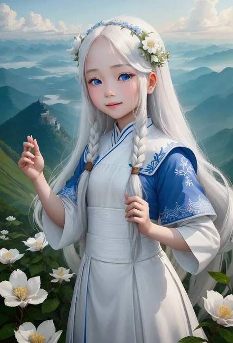 In the style of tiên hiệp, the background is a sect on top of a mountain. A 10-year-old girl named Liên, beautiful, with fair skin, long white hair, dressed in white, and blue eyes, is playing joyfully among the flowers