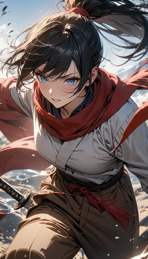 Adult guy, long black hair, high ponytail, blue eyes, brown pants, red scarf, Japanese shirt, katana, wind, Masterpiece, best quality, Full HD, 8k, ultra details, great graphic