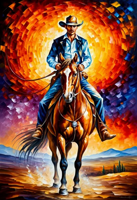 Western Cowboy, full body, by Leonid Afremov, cinematic still, (best quality, masterpiece), very aesthetic, perfect composition, intricate details, ultra-detailed, vivid colors