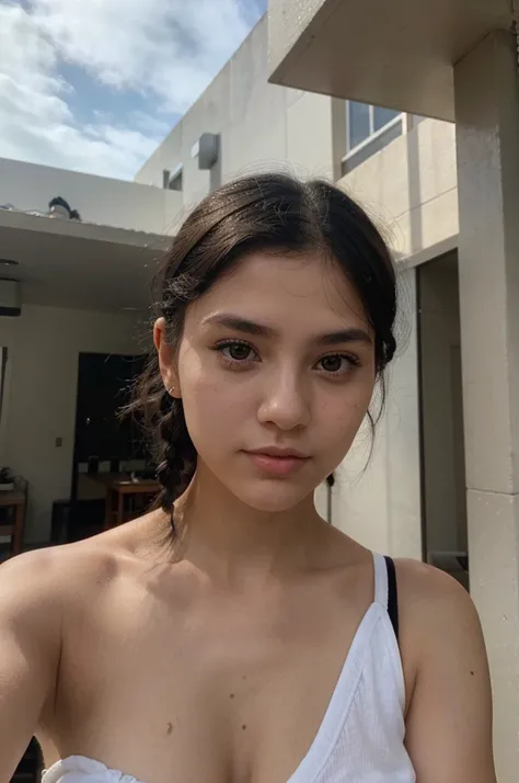 selfie of 20 year old woman from the front, with white skin, black hair tied, black almond shaped eyes