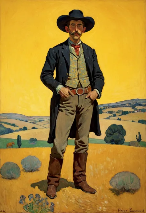 Western Cowboy, full body, by Pierre Bonnard, cinematic still, (best quality, masterpiece), very aesthetic, perfect composition, intricate details, ultra-detailed, vivid colors