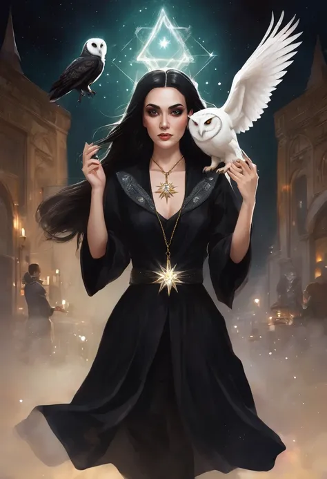 a powerful magician, using your hands to do magic. A young woman, dressed in black, like a witch. With a white owl on her right shoulder and a shiny star necklace.