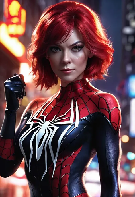 1 woman, night environment, wearing Marvels Spider Men costume, black gloves on hands, muscular female body, detailed facial features, red female eyes, detailed white skin, red hair, image showing full body, dramatic lighting, cinematic composition, palett...