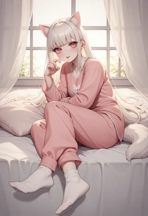 masterpiece, +++, top quality, soft light, White hair, bang,Full length character, Young woman,White skin,  Static Pose, graceful, movie poster,fluffy cat ears, albino, big eyelashes, not stereotypical, blush, Pink eyes, pink pajamas, fur on ears, Young wo...