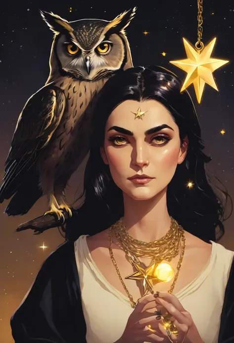 A witch in black clothes, with a ball of magic light in his hands. Wearing a shiny gold star necklace around her neck. And an owl sitting next to it.