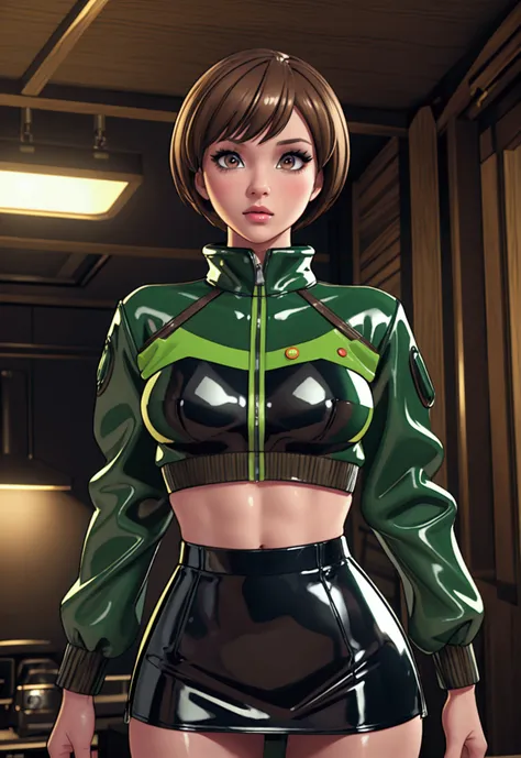 masterpiece,best quality,absurdres,perfect antomy,satonaka chie,brown eyes,light brown hair,cowboy shot,standing,green latex jac...