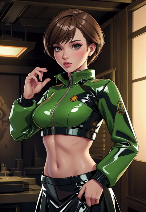 masterpiece,best quality,absurdres,perfect antomy,satonaka chie,brown eyes,light brown hair,cowboy shot,standing,green latex jac...