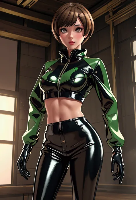 masterpiece,best quality,absurdres,perfect antomy,satonaka chie,brown eyes,light brown hair,cowboy shot,standing,green latex jac...