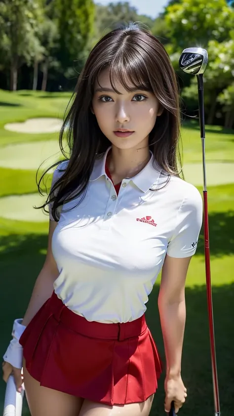 masterpiece, Highest quality，16K, Ultra-high resolution，The light and shadow of reality，Cinema Lenses,(((Red mini skirt))),(((Black polo shirt))),(((Wearing golf wear))),((swinging a golf club on the golf course))((Her whole body is sexy and her style is o...