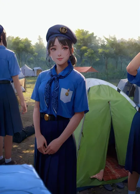 anime illustration of pretty teenage girl smiling, standing at camping site on evening, tents around here, she wearing navy-blue beret, cornflower-blue short sleeves collared shirt, navy-blue neckerchief, navy-blue pleated pencil long skirt, black belt wit...