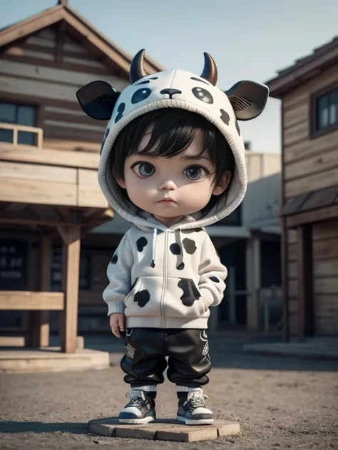 1boy, figure of boy wearing black and white cow costume with cow head hoodie, stand on oakwood circle platform, masterpiece, best quality, 8k, 3d art, clay texture, c4d, 3d render, chibi, backdrop western town in children drawing style background