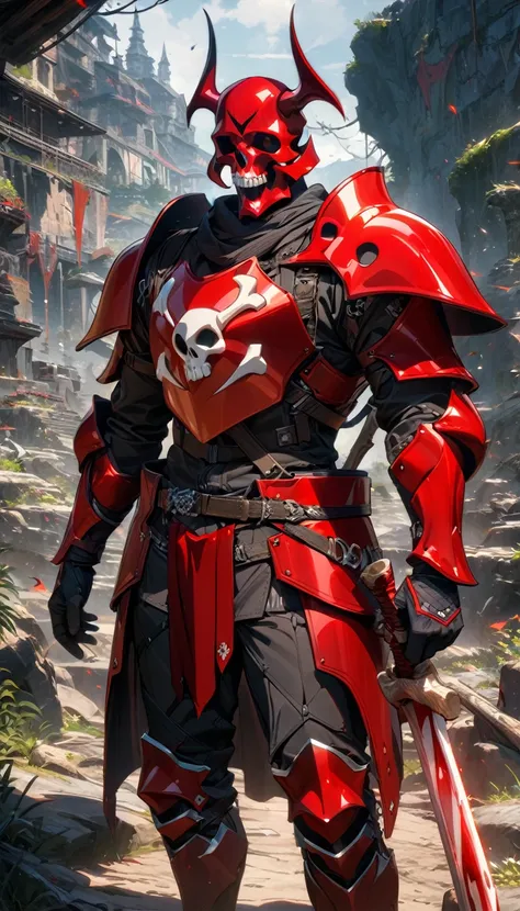 Adult male, black and red ghost armor, skull helmet, bone sword, Masterpiece, best quality, Full HD, 8k, ultra details, great graphic