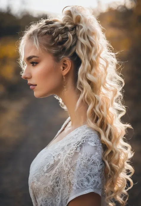  Beautiful blonde girl curly hair in a ponytail 