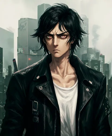 black hair, dark eyes, serious face, detective, black jacket, white t-shirt, smoke, cyberpunk city, hd, highres