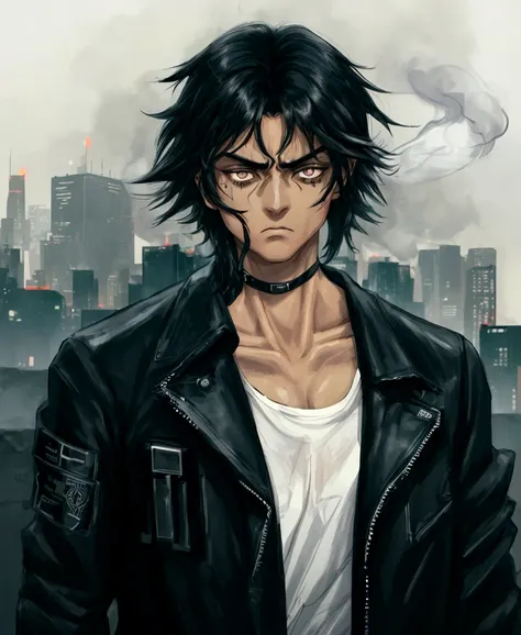 black hair, dark eyes, serious face, detective, black jacket, white t-shirt, smoke, cyberpunk city, hd, highres