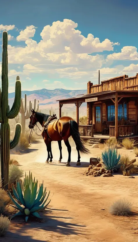 a detailed illustration of a town in the wild west, 1 cowboy:1.5, desert landscape, adobe buildings, dirt roads, wooden living r...