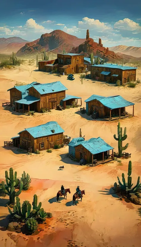 a detailed illustration of a town in the wild west, 1 cowboy:1.5, desert landscape, adobe buildings, dirt roads, wooden living r...