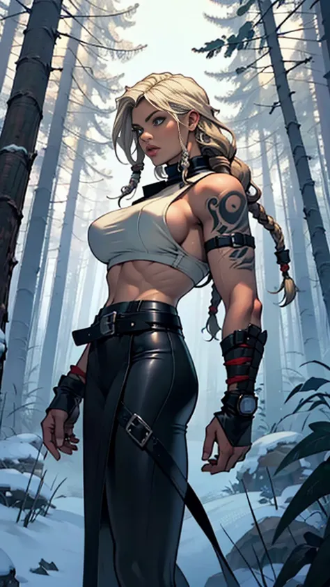 viking feminino, (Youngh:1.2), (muscular:1.2), adjusting, wearing brown furs and leathers, (blue Nordic tattoos:1.2), blue colored eyes, platinum blonde hair, (Dreadlocks:1.4), (dreads:1.4), (Barba lateral:1.4), warrior hair. The setting is a Scandinavian ...