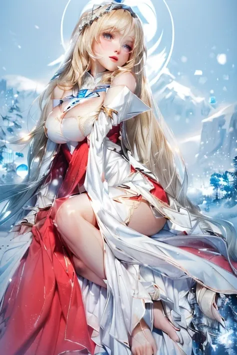 ((picture-perfect)), ((face perfect)), ((ultra detaild)), ((fully body)), ((perfectbody)), a woman in a long dress sitting on a snow-covered ground, Eyes red, long hair blonde, white and blue robes, priestess