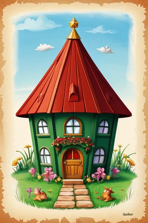 create an illustration for the fairy tale Teremok. in the little house live the little mouse, the frog, and the hedgehog with no head or legs.