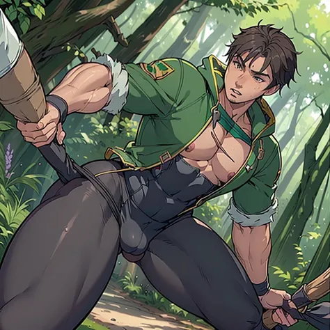 ((Naughty and adventurous  Robin hood wearing lewd erotic clothes and tight leggings showing his dick bulge line:)),  ((dick inside spandex leggings:0.3 )), gangbang, (robin hood inspired setting), NSFW, hentai, porn, ((inspired by Robin Hood: Men in Tight...