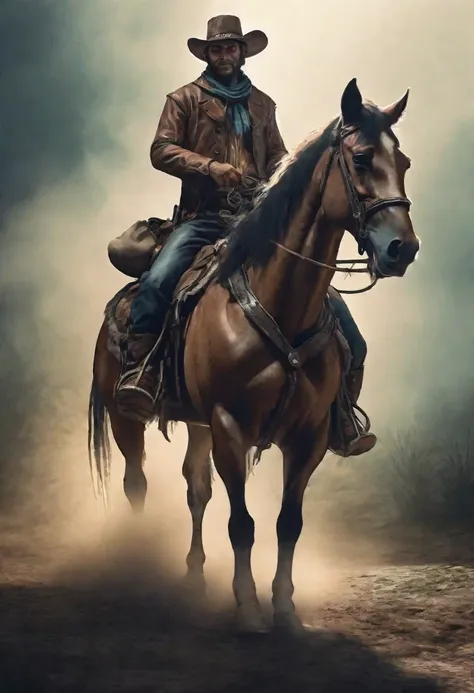 a cowboy on his horse in the wild west, wearing a hat, dramatic lighting, film composition, digital paint, movie lighting, muted...