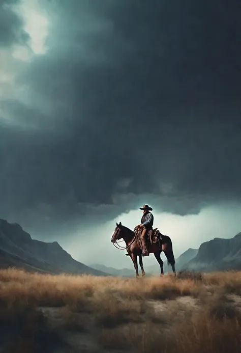 a cowboy on his horse in the wild west, wearing a hat, dramatic lighting, film composition, digital paint, movie lighting, muted...