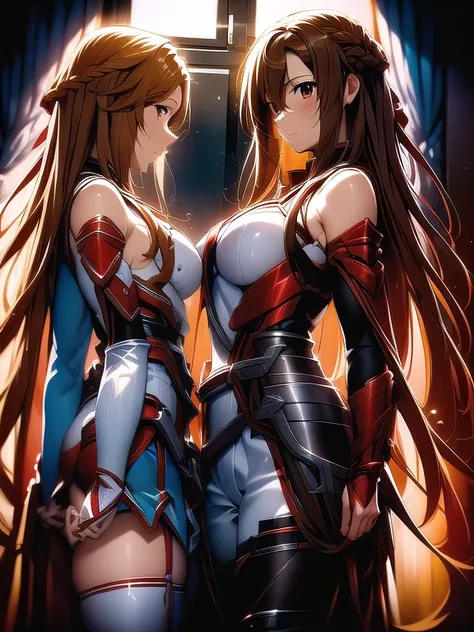 asunayuuki, asuna yuuki, long hair, brown hair,  skirt, thighhighs, bare shoulders, detached sleeves, armor, white thighhighs, breastplate, bed, bedroom, looking at viewer, close-up, from below