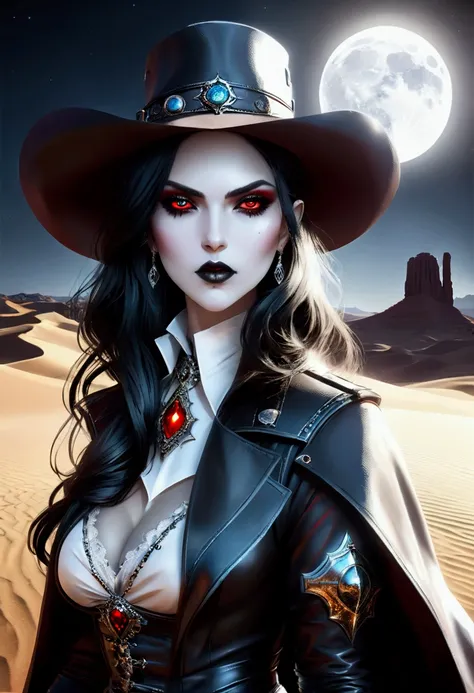 (wild west black and white 19th century photograph style: 1.5) picture of a female vampire cowboy in the desert night, a goth beauty, exquisite beautiful female vampire, ((anatomically correct: 1.5), (ultra detailed face: 1.2), best detailed face, red glow...