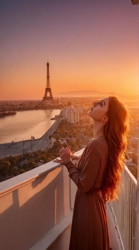 a woman stands on the balcony with her head raised, With sunset, Beautiful aesthetics, great view, anastasia ovchinnikova, sunset view, beautiful view, at dawn, With sunset, During sunset, Aykut Aydogdu, looking at the sunset, beautiful view, At sunrise, a...